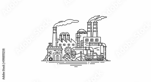 Stylized industrial complex with smokestacks, pipes, gears, and a truck