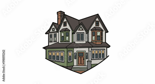 Stylized illustration of a multi-story Victorian house with bay windows and a chimney