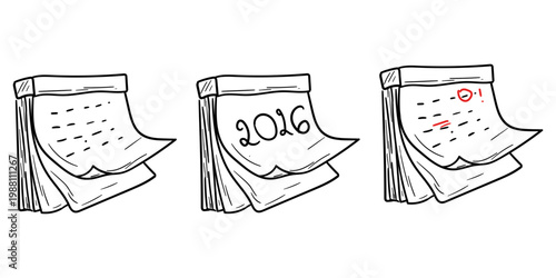 Wall calendar with paper pages, hand-drawn sketch Vector illustration. A set of simple calendar drawings with notes on the pages, isolated on a white background