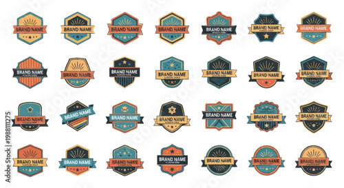 Collection of various colorful badges.
