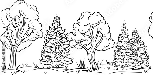 Forest and clearing along the road, sketch. Vector drawing. Trees, shrubs and fir trees, grass and thickets, seamless border isolated on a white background. Hand-drawn rural landscape