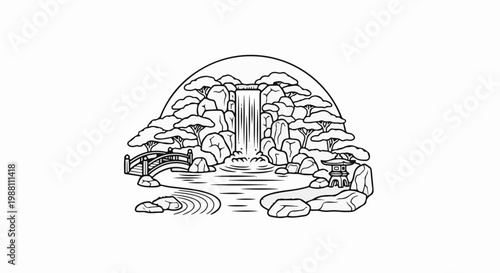 Tranquil garden scene with a cascading waterfall, arched bridge, and stone lantern