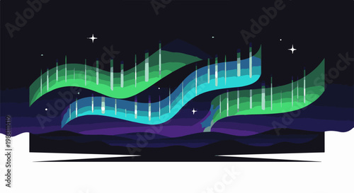 Vibrant aurora borealis dances in a starry night sky over mountains