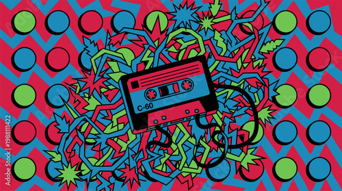Retro Cassette Tape Unspooling into Geometric Vines and Starbursts Pop Surrealism Flat Illustration with Bold Outlines