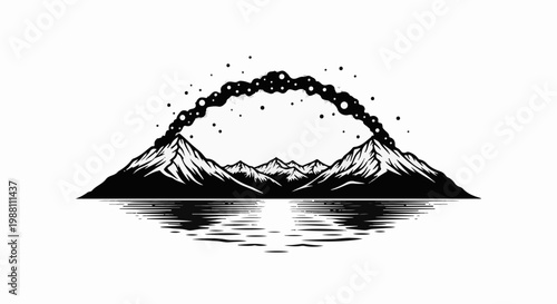 Volcanic peaks erupting smoke into the sky over reflective water