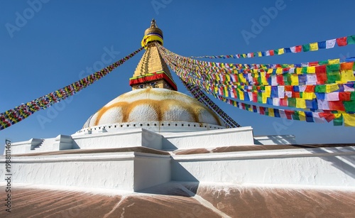 Boudhanath stupa prayer flags Kathmandu buddhism Nepal