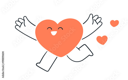 Heart character running with happy smiling face expression. Cute funny joyful...