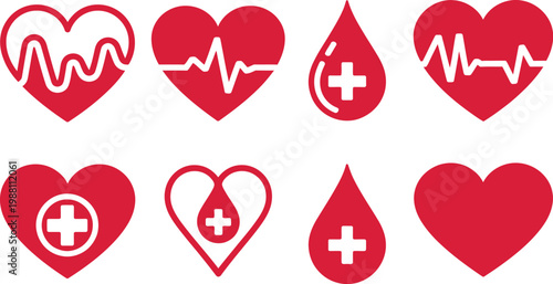 Isolated red blood donation vector icon set, charity blood sharing symbols, healthcare and volunteer graphic elements representing donation, emergency support, and medical awareness design.