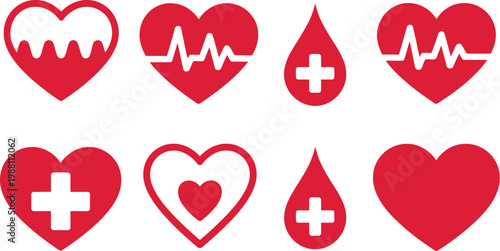 Blood donation vector icon set in red, isolated charity healthcare symbols representing volunteer blood sharing, medical assistance, emergency support, and health awareness design elements.