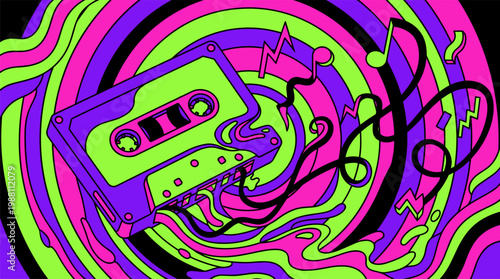 Melting Audio Cassette Tape with Unspooling Magnetic Ribbons Pop Surrealism Flat Illustration with Bold Outlines