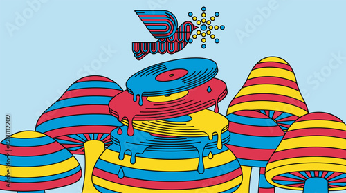 Melting Vinyl Records and Striped Mushrooms Pop Surrealism Flat Illustration with Bold Outlines