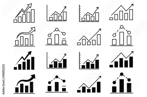 A set of business growth graph icons. Bar graph, line graph and arrow up statistics symbols. Finance success profit and analytics vector collection.