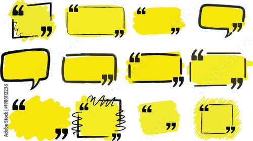 Collection of yellow speech bubbles and quote boxes with black borders
