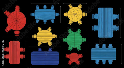 Color Dining Furniture Top View Blueprint Vector Collection – Red Round Tables and Blue Rectangular Tables AutoCAD Multi View Layout on Black Background