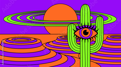 Surreal Desert Landscape With Eye Cactus And Sun Rings Pop Surrealism Flat Illustration With Bold Outlines