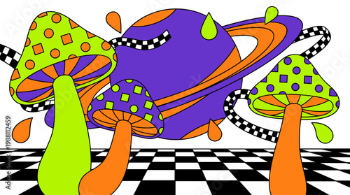 Oversized Polka Dot Mushrooms and Ringed Planet in Checkered Landscape Pop Surrealism Flat Illustration with Bold Outlines