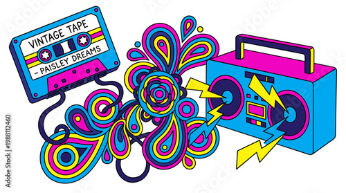 Vintage Cassette Tape with Unraveling Paisley Magnetic Tape and Retro Boombox Pop Surrealism Flat Illustration with Bold Outlines