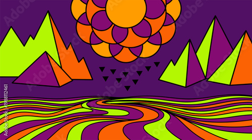 Floating Geometric Mountains Above Swirling Liquid Stripes Pop Surrealism Flat Illustration With Bold Outlines