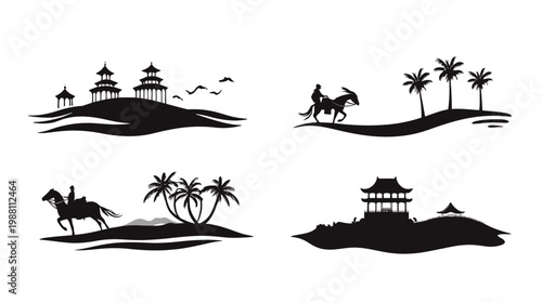 Black and white silhouette illustrations depicting pagodas, palm trees, birds, and horseback riders