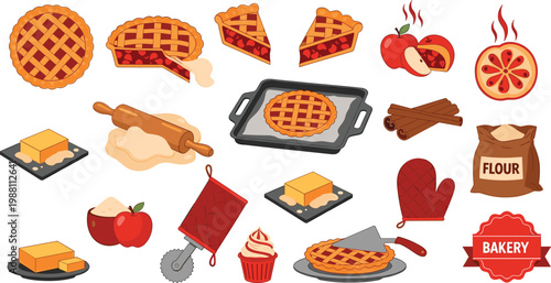Bakery Pie and Pastry Vector Set Apple Pie Rolling Pin Baking Tools Illustration