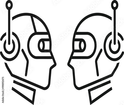 Two robot heads facing each other in linear illustration