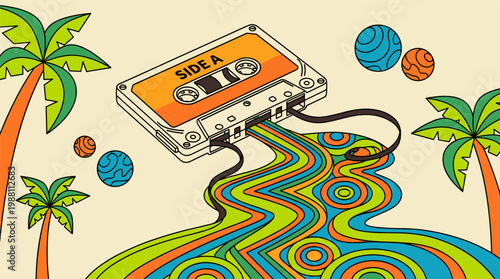 Retro Cassette Tape Unspooling Into Zigzag River Pop Surrealism Flat Illustration with Bold Outlines