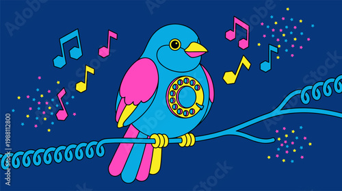 Surreal Telephone Bird with Rotary Dial on Coiled Wire Branch Pop Surrealism Flat Illustration with Bold Outlines