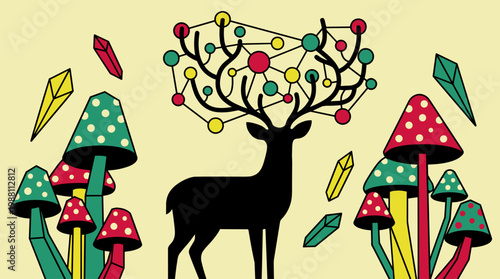 Deer with Geometric Antlers and Polka Dot Mushrooms Pop Surrealism Flat Illustration with Bold Outlines