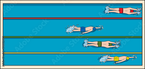 Top view of swimmers moving in separate swimming lanes during a competition. Professional pool sport concept, flat minimalist illustration.