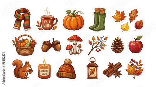 A vibrant collection of autumn-themed illustrations featuring seasonal elements like pumpkins, leaves, acorns, and cozy accessories.