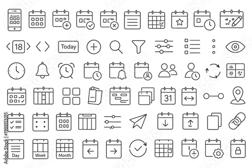 Collection of 48 minimalist calendar and scheduling line icons.