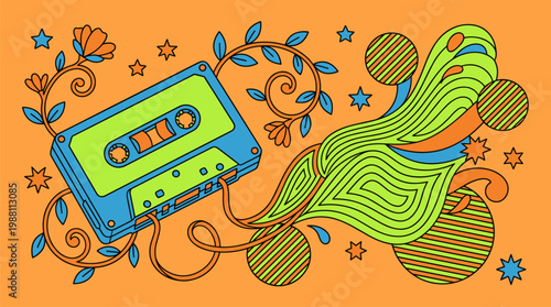Vintage Cassette Tape with Floral Vines and Liquid Geometric Waves, Pop Surrealism Flat Illustration with Bold Outlines