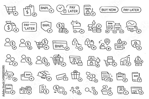 Buy now pay later icons set: shopping, payment, e-commerce graphics collection.