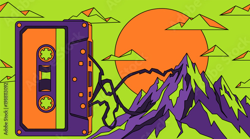 Giant Cassette Tape Unraveling into Mountain Peaks Pop Surrealism Flat Illustration with Bold Outlines