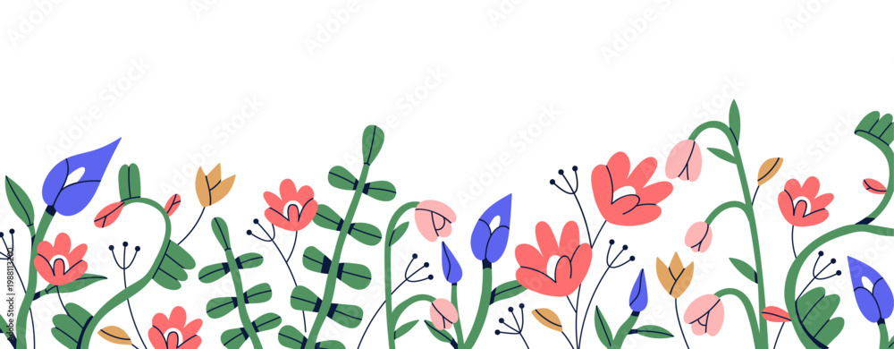 Obraz premium Floral border. Spring and summer flowers, leaf branches, field plants, decorative horizontal edge, nature decoration. Wildflowers pattern. Flat vector illustration isolated on white background