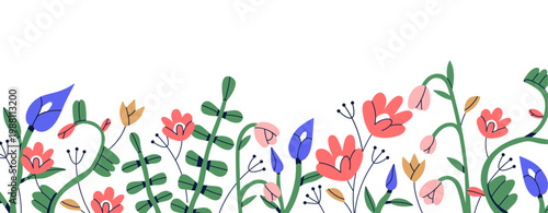 Floral border. Spring and summer flowers, leaf branches, field plants, decorative horizontal edge, nature decoration. Wildflowers pattern. Flat vector illustration isolated on white background