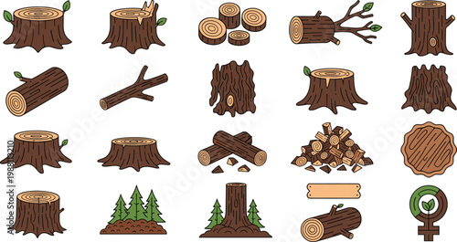 Tree Stump and Wood Log Vector Set Forest Timber Cutting Illustration