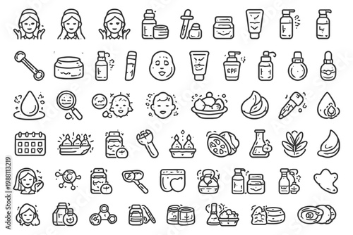Skincare routine icons: beauty products, facial treatments, natural ingredients.