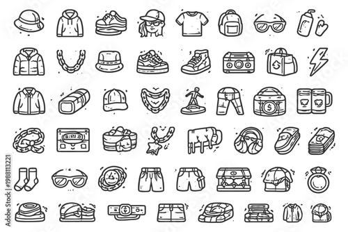 Doodle icons of fashion accessories and clothing items.