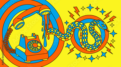 Retro Rotary Telephone with Serpent Cord and Star Shapes Pop Surrealism Flat Illustration with Bold Outlines
