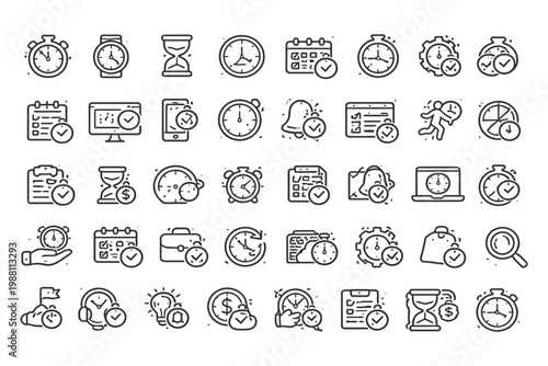 Time management icons: clocks, calendars, and devices for effective scheduling.