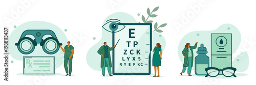 Eye examination and vision care concepts with optometry illustrations vision test eye chart correction screening health exam disorder disease proble