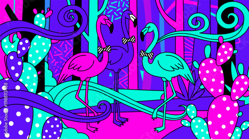 Trio of Flamingos with Bowties in Polka Dot Cactus Forest Pop Surrealism Flat Illustration with Bold Outlines