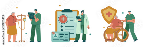 Elderly patient receiving medical care and attention from healthcare professionals with iv drip healthcare hospital treatment medical professional assistance wellbeing insurance illustration