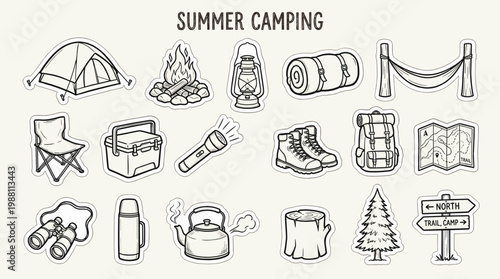 A charming hand-drawn illustration depicts various essential items for a summer camping adventure, including a tent, campfire, lantern, sleeping bag, and hammock.