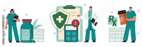 Healthcare professionals managing patient records and medical supplies with healthcare prescription medication pharmacy insurance clipboard analysis calculator illustration treatment