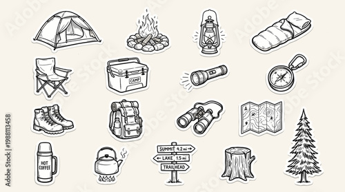 A collection of hand-drawn illustrations depicting various camping and outdoor adventure essentials, including a tent, campfire, sleeping bag, and navigational tools.
