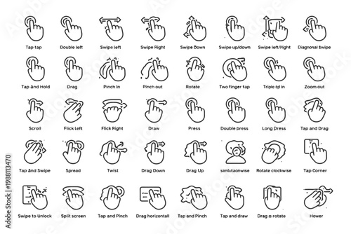 Gesture icon set for touchscreen interactions and navigation.