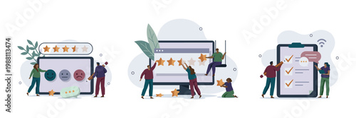 Customers providing feedback and reviews online using digital devices with feedback customer computer satisfaction checklist illustration experience business communication evaluation