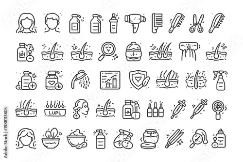 Hair care and treatment icons collection with haircut and styling tools.